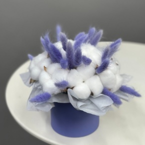 Композиция в шляпной коробке мини из хлопка и лагуруса в Одинцово